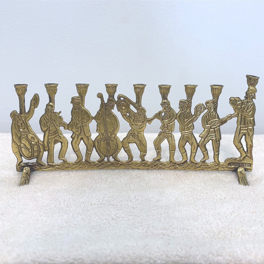 Vintage Jerusalem Brass Klezmer Band Menorah 9 Candle Chanukiah Israel Folk Art